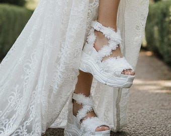 Wedding Bride Sandals Hidden Heels White Flowers Bridal Desing Unique Shoe