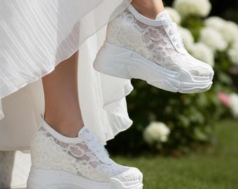 Custom Wedding Lace Wedge Sneakers, Handmade Bridal Shoes, Comfortable Platform Heels