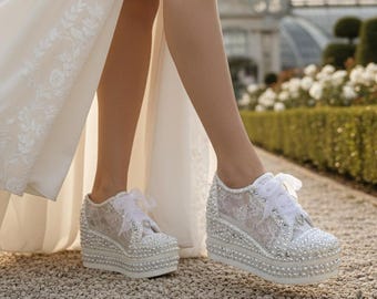 Pearl Bridal Sneakers, Platform Heel Wedding Shoes, Elegant Bride Trainers, Comfortable High Heel Sneakers, Luxury Bridal Footwear