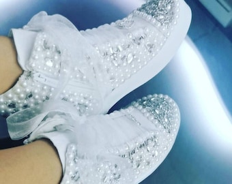 Crystal Pearl Bridal Shoes, White Wedding Sneakers, Custom Design