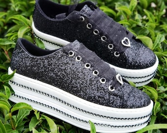 Black Glitter Platform Wedding Sneakers, Customizable Bridal Shoes