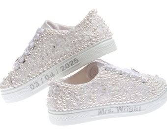 Custom Pearl & Lace Bridal Shoes, Personalized Wedding Sneakers