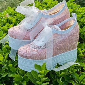 Platform Shoes Pink Lace Shoes, Hidden Heels, Handcrafted Special Production Sports Evening Shoes Size Options