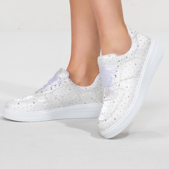 Custom Wedding Sneakers , Cristal stone Color Satin Options , Personalized Woman Sport Shoes Stilo Desing , Comfortable Wide Flat Shoes