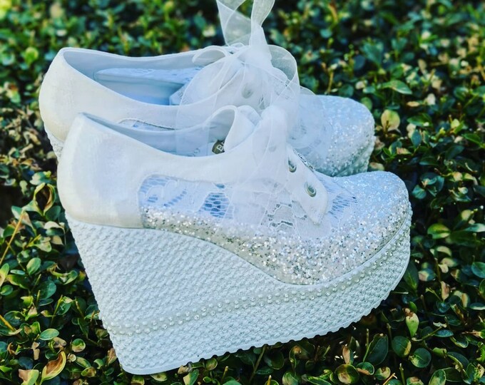 Personalized Wedding Wedge Sneakers – White Lace Bridal Shoes