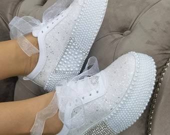 Personalized Pearl Wedding Sneakers: Glitter Bridal Shoes