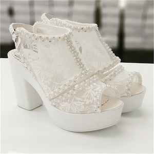 Shoes Wedding - Lace Platform Sandals with Pearl & Stone Details, Comfortable Luxury Bridal Footwear for Your Big Day