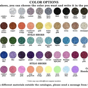 May include: Color options chart for STILO SHOES, featuring a wide array of glitter colors. Includes shades like white, black, red, gold, blue, and purple. Text reads: "For the color of the shoes, you can choose the color you want and write it in the personalization section."
