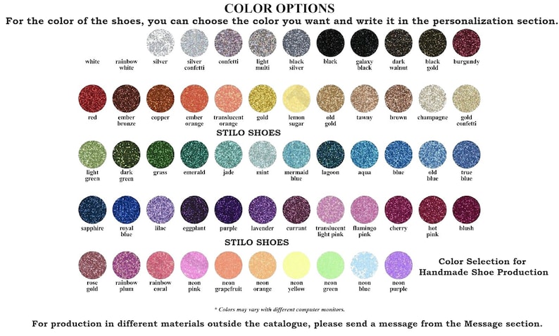 May include: Color options chart for STILO SHOES, featuring a wide array of glitter colors. Includes shades like white, black, red, gold, blue, and purple. Text reads: "For the color of the shoes, you can choose the color you want and write it in the personalization section."