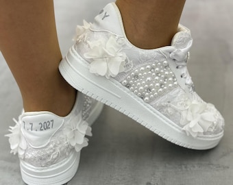 Personalized Bridal Sneakers, Flying Flowers and Pearls Design