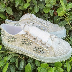 Crystal and pearl Ivory bridal shoes, Bridal Sneakers, Rhinestone sneakers, Bridal sneakers, Wedding tennis shoes, Size Options