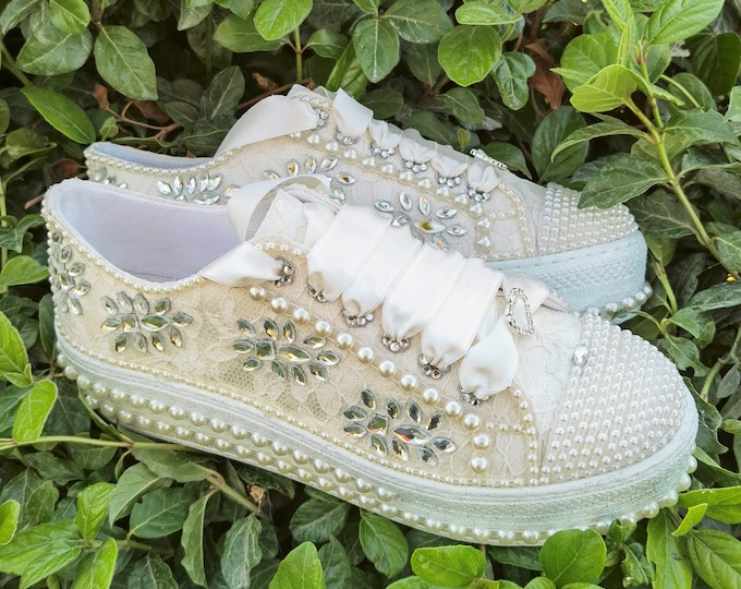 Crystal Pearl Bridal Sneakers, Ivory Wedding Shoes