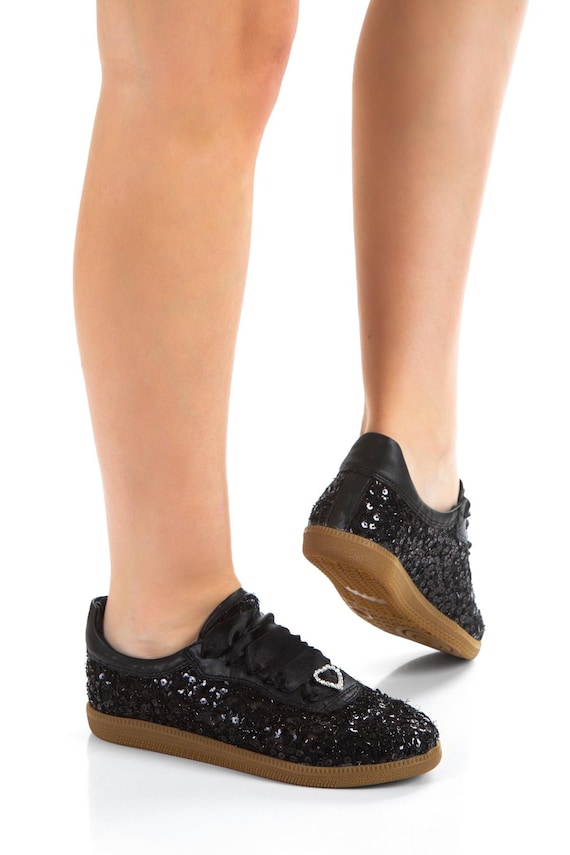 Wedding Black Lace Flat Sneakers Custom Design Stone Laces Heart and Customizable Options NEW