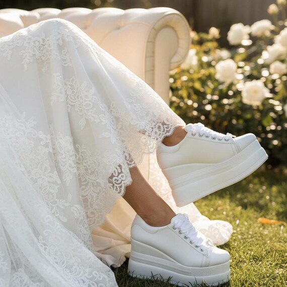 Wedding Sneakers for Bride White Platform Wedge Shoes 9cm Comfortable Bridal Sneakers Lace Up Wedding Shoes