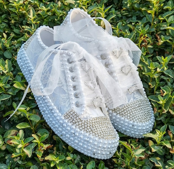 Bridal Shoes Special Design Lace Pearls Crystal Framed Stones , Bling Shoes Crystal Stone Lace White Pearl Shoes