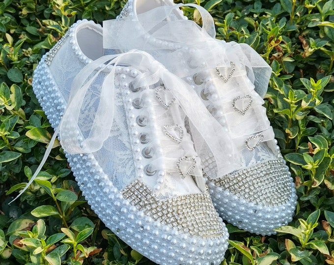 Lace Bridal Shoes, Pearls, Crystal, Framed Stones, Wedding Sneakers