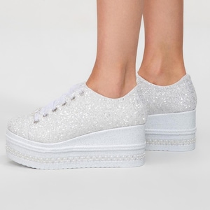 White Glitter Personalized Wedding Shoes , Bridal Custom Heels , Comfortable Wide Pattern designer Custom Wedge Heels Shoes Bride Shoes