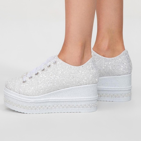 White Glitter Personalized Wedding Shoes , Bridal Custom Heels , Comfortable Wide Pattern designer Custom Wedge Heels Shoes Bride Shoes