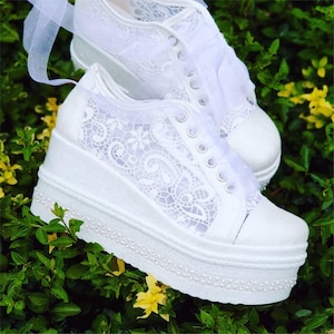 Lace Tulle Bridal Wedge Shoes, Ornate Stone Detail