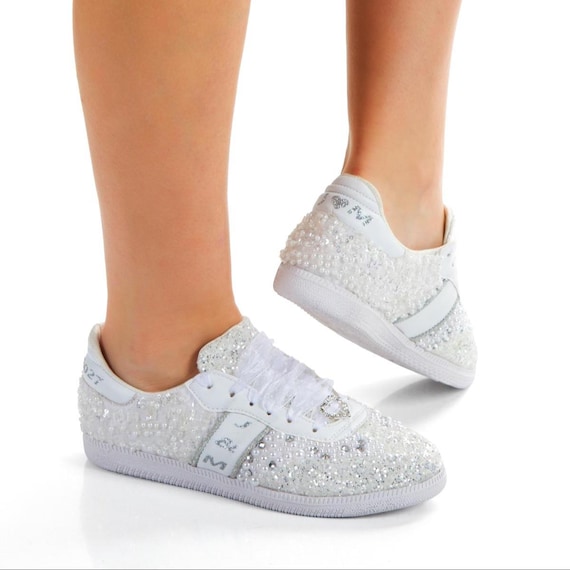 Wedding Personalized Embroidered Glittery Bridal Sneakers, Pearl Embellished Bridal Shoes for Brides
