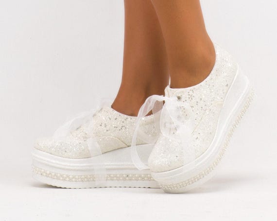 White Glitter Bridal Sneakers, Custom Wedding Shoes
