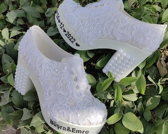 Customizable Lace Bridal Heels, White Wedding Shoes (10 CM)