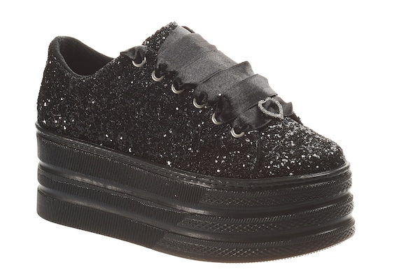 Wedding Black Glitter Shoes | Personalized Color Options, Flat Platform Sneakers, Women's Tennis Shoes, Perfect Gift for Brides