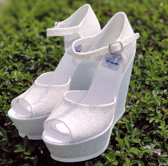 Wedge Heel White Glitter Bridal Shoes Color and Height Options Extremely Comfortable Wedding Shoes Comfortable and Lightweight