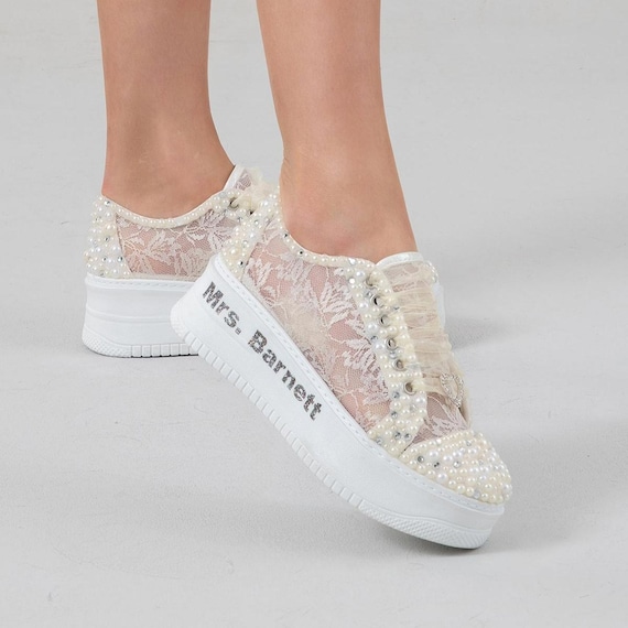 Bridal Shoes Ivory Pearls, Pearonalized Ivory Lace or White Pearls, White Lace Option Special Production, Bridal Sneakers Wedding Shoes New