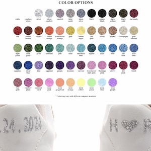 May include: A chart of 48 different glitter colors for customizing shoes. The colors are arranged in rows and columns, with each color represented by a small circle. The chart includes colors such as white, silver, gold, red, green, blue, purple, pink, and orange. The text "COLOR OPTIONS" is at the top of the chart. The text "Colors may vary with different computer monitors." is at the bottom of the chart.