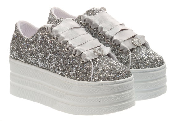 Silver Bridal Shoes | Custom Wedding Sneakers | Platform Heel Seakers | Personalized Bride Gift | Stylish Silver Wedding Footwear