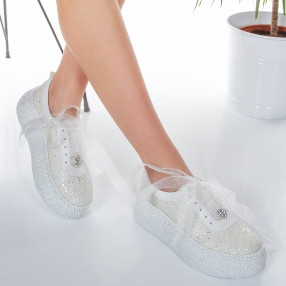 White Glitter Bridal  Shoes  Luxury Wedding Party Shoes White Pearl White Glitter Personalization Options