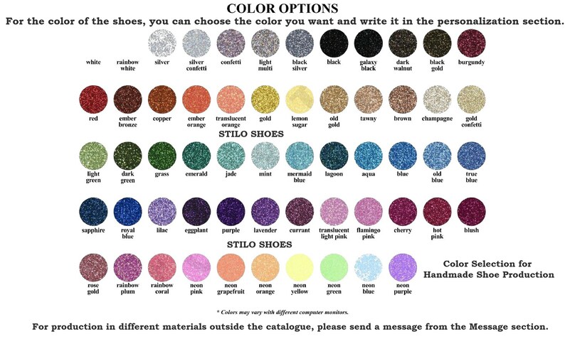 May include: Color chart with over 50 glitter colors for handmade shoes.  Colors include red, green, blue, pink, purple, gold, silver, and more.  The chart is labeled "Color Options" and "Color Selection for Handmade Shoe Production".