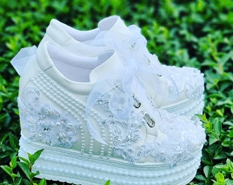 Wedding Platform Sneakers, Hidden Heel Bridal Shoes, Lace & Pearl, Personalized