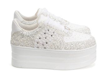 Bridal Sneakers, Wedding Platform Glitter, Pearl , Cristal Stone Comfortable Wide Width, Custom Bride Shoes