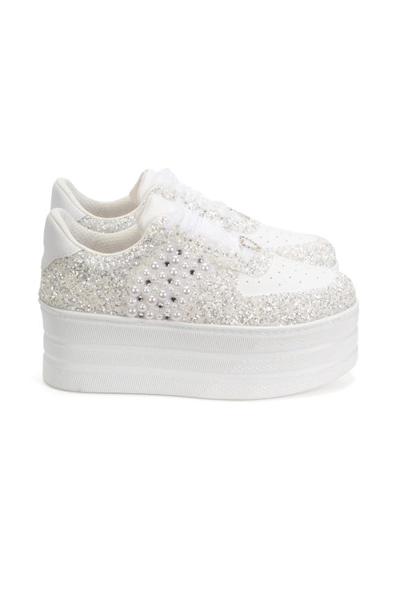 Bridal Sneakers, Wedding Platform Glitter, Pearl , Cristal Stone Comfortable Wide Width, Custom Bride Shoes