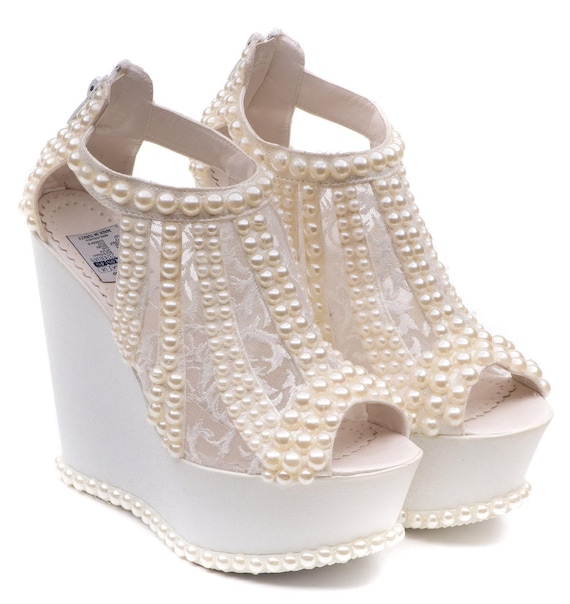 Wedge Heel Bridal Shoes - Pearl Color, Customizable Height Options, Elegant Party Shoes for Weddings & Special Occasions