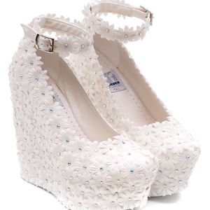 white wedge heel  ivory bridal shoes high sole wedge heel with daisy and swarovski stone detail