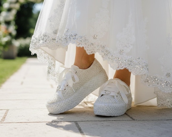 Ivory Bridal Sneakers, Pearls and Stone, Custom Wedding Shoes