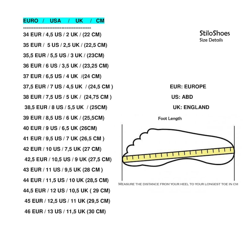 May include: Shoe size conversion chart with Euro, US, UK, and centimeter measurements. Includes a foot outline with a ruler for measuring foot length in centimeters. The chart provides size details from 34 EUR to 46 EUR.