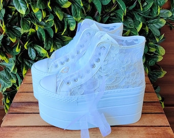 Customizable Platform Bridal Sneakers - Ivory Lace Wedding Shoes