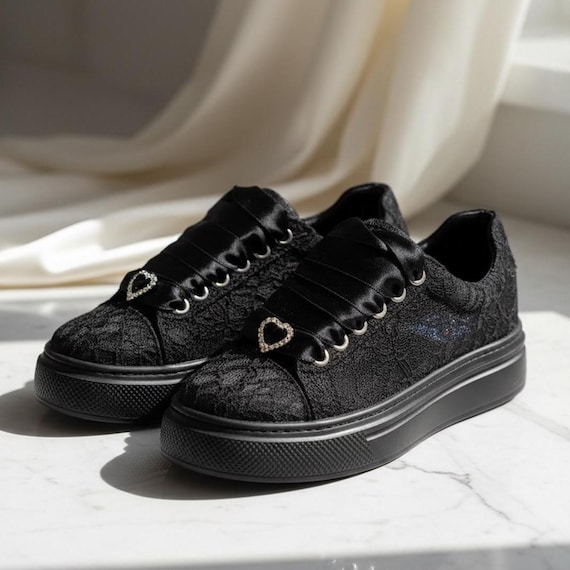Wedding Black Lace, Wide Comfortable Fit, Lightweight Sole, Personalized Bridal Gown Black Custom Sneakers