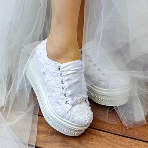 Personalized shoes wedding designer shoes design wedge platform , bridal sneakers white or ivory shoes desing shoes bridal heel wedge desing