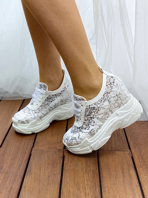 Bride Shoes Comfortable White Bridal Sneakers with Hidden Heel, Sequin Embellished - Perfect for Weddings Shoes Desing