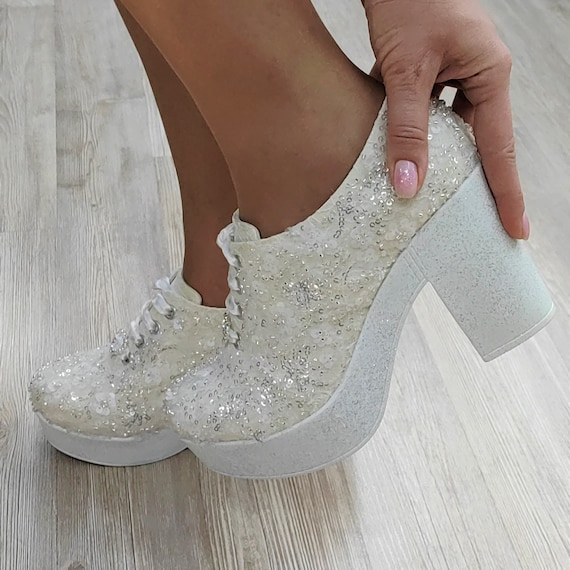 Bride wedding shoes Heels Bridal Shoes Ivory Glitter lace wedding heels Bridal shoes Color Options Ivory or White