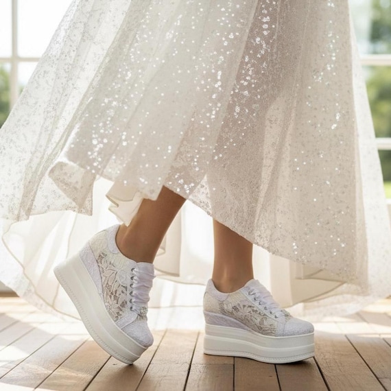 Wedding Platform Heel, Tulle Lace Bridal Shoes – wedge Sole, Custom Design Options