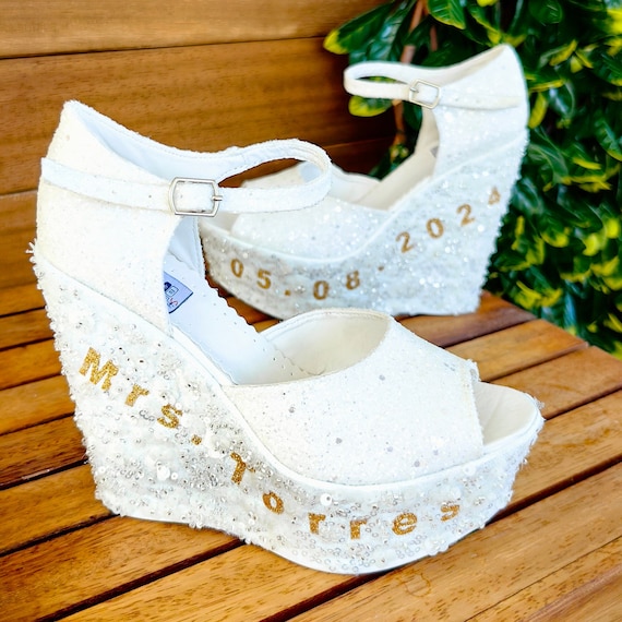 Custom Bridal Glitter White Heeled Shoes Customization Glitter Color options Bridal Design Special Party Shoes  wedge shoes  New