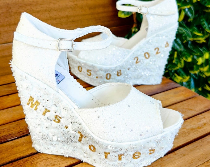 Custom Bridal Glitter Wedge Shoes, Personalized Wedding Design