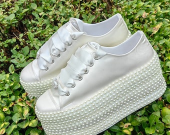 Satin Bridal Platform Sneakers, Pearl Trim, Custom Wedding Shoes
