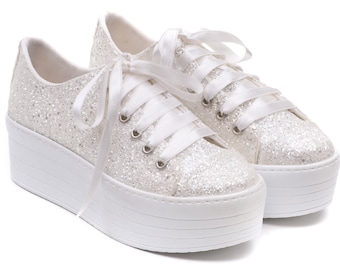 Glitter White Wedding Sneakers, Bridal Sport Shoes